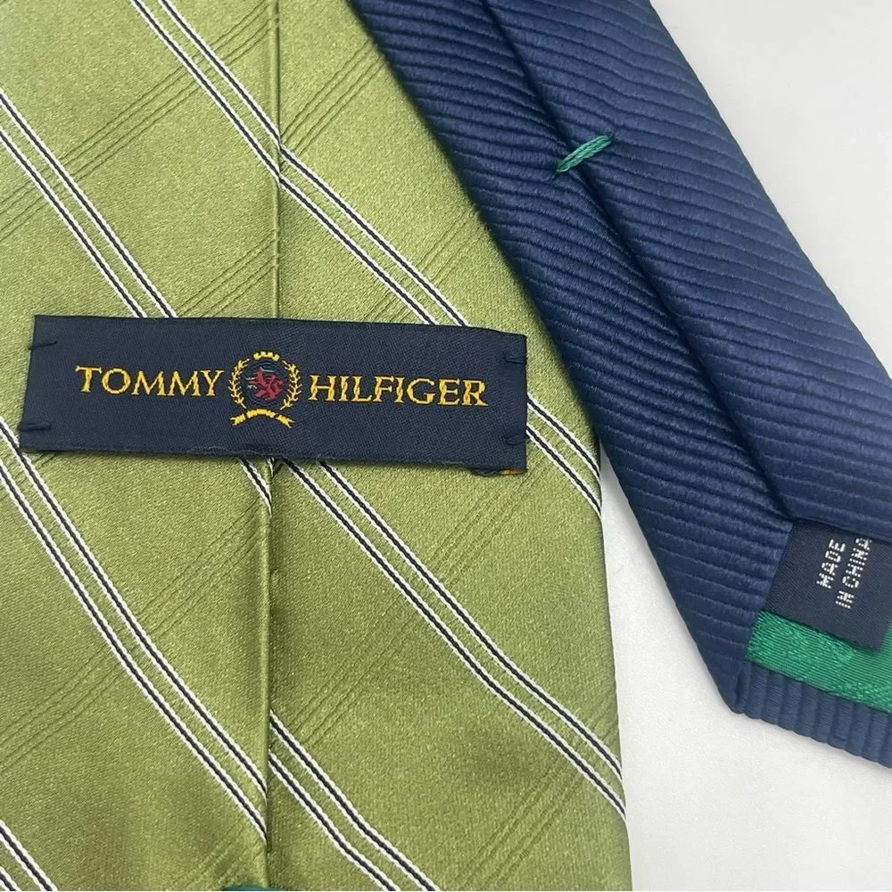 Tommy Hilfiger Green Silver Striped Silk Necktie Career Office